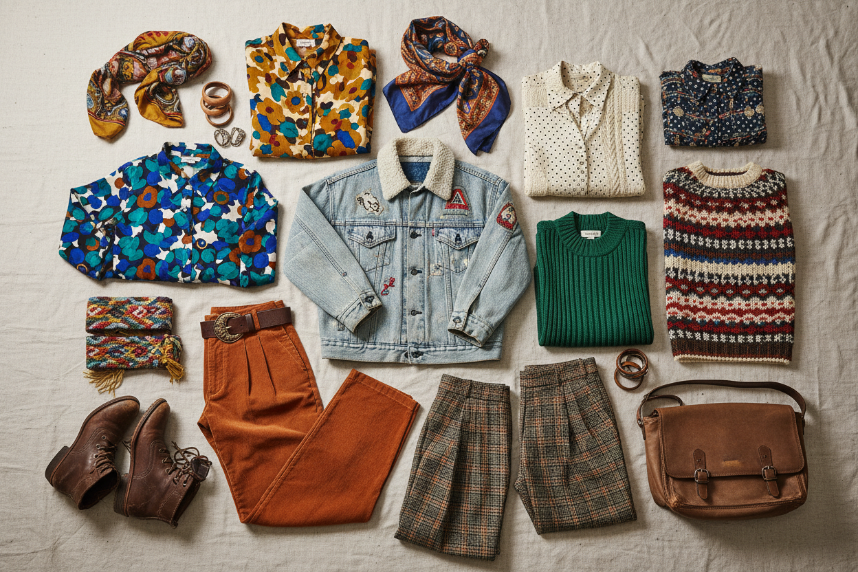 thrift store timeless apparel laid out on a sheet