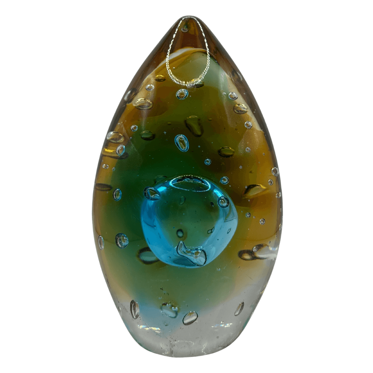Glass pendant with teardrop shape, multicolored interior, and chain on a black background