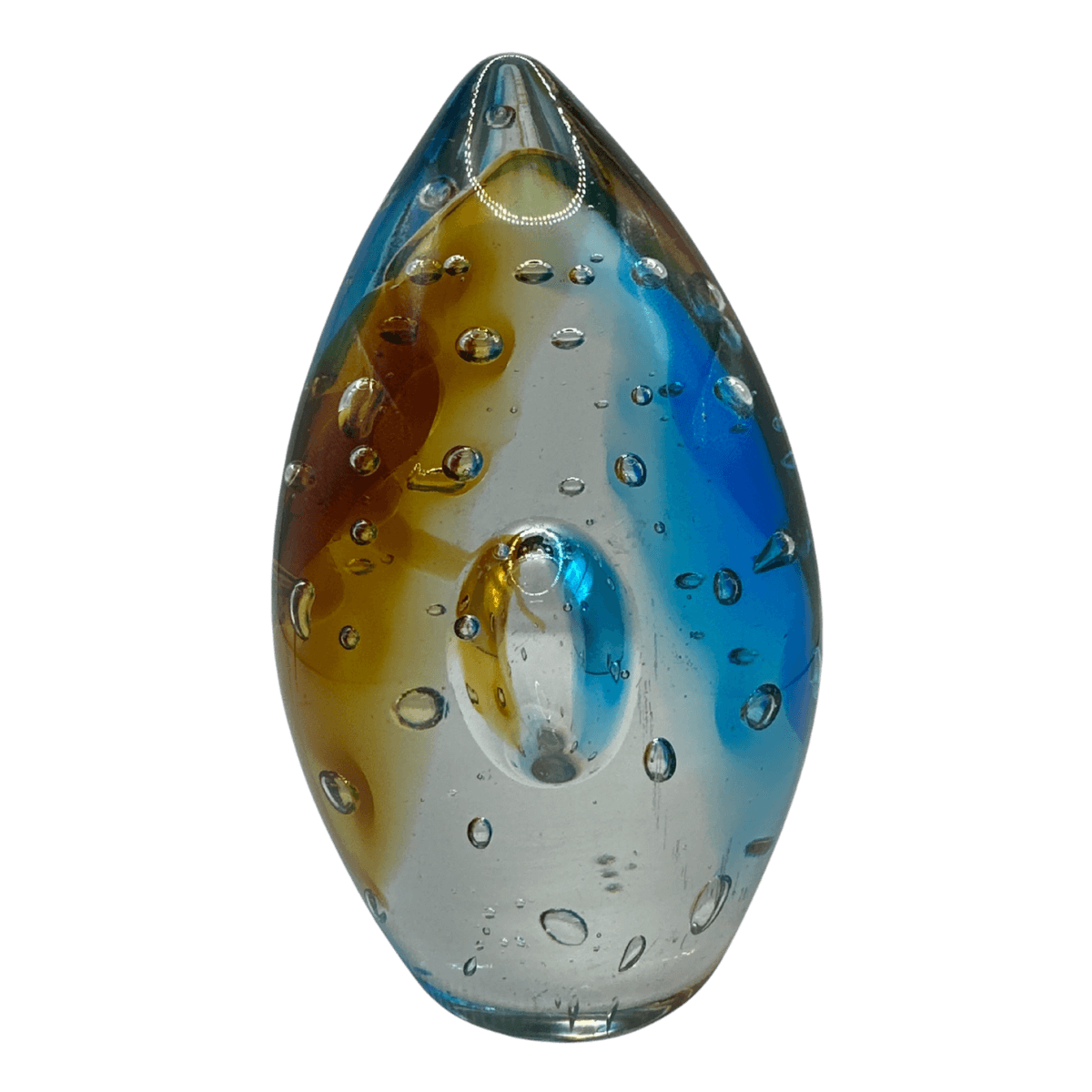 Glass teardrop pendant with multicolored bubbles on a black background