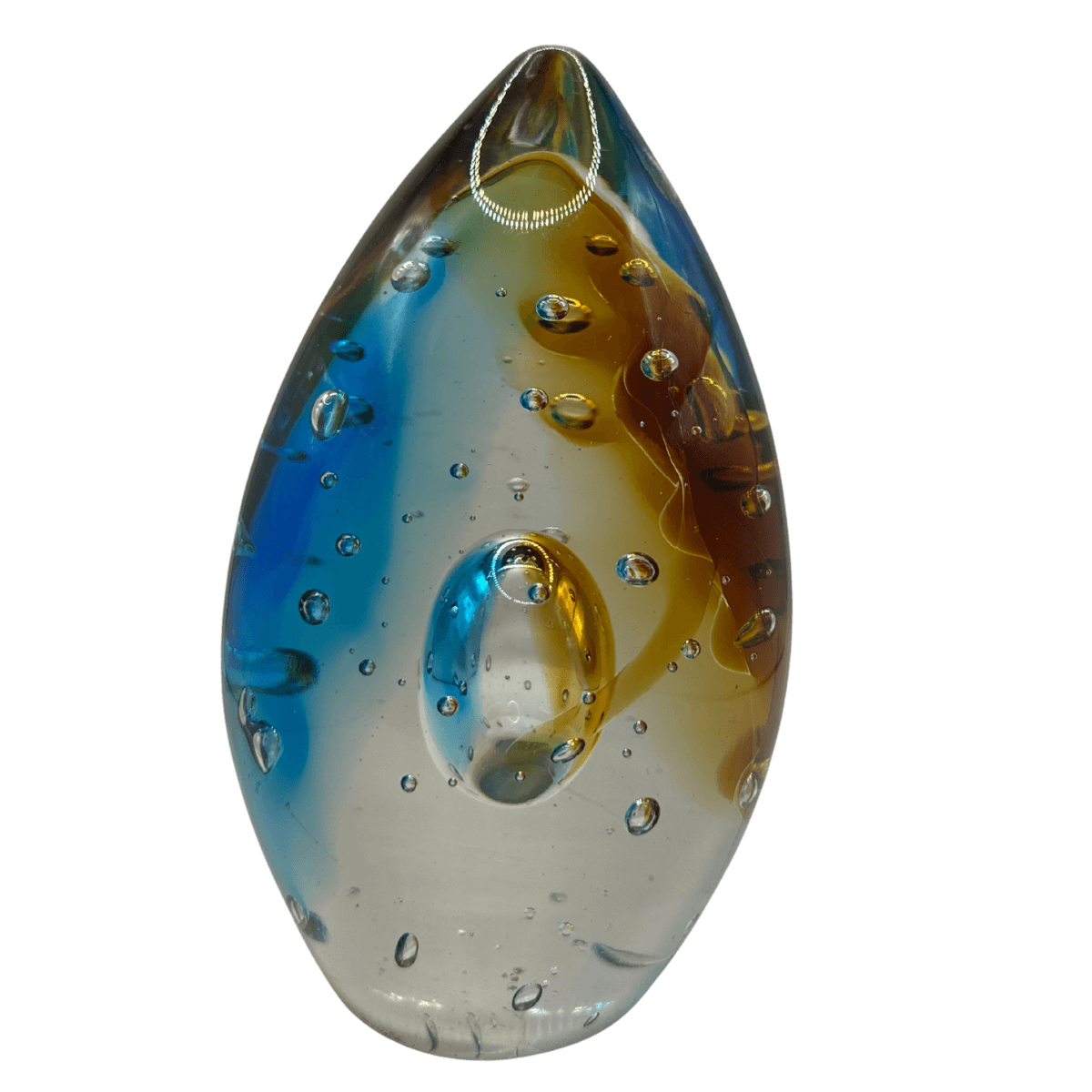 Teardrop-shaped glass pendant with multicolored design on a black background